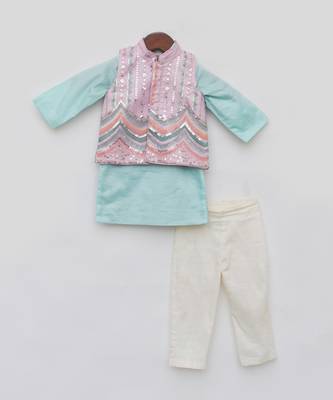 Blue & pink embroidery nehru jacket set 3