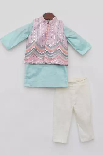 Blue & pink embroidery nehru jacket set