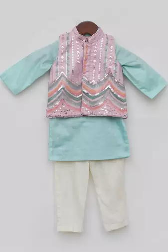 Blue & pink embroidery nehru jacket set