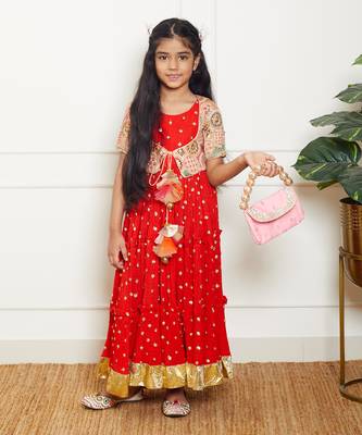 Red crinkle anarkali with jacket 1