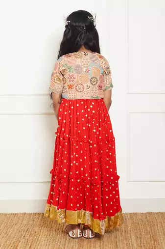 Red crinkle anarkali with jacket