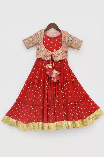 Red crinkle anarkali with jacket