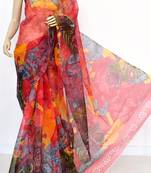 Red Pure Cotton JP Munga Kota Digital Printed Handwoven Saree Without Blouse by AMG Square