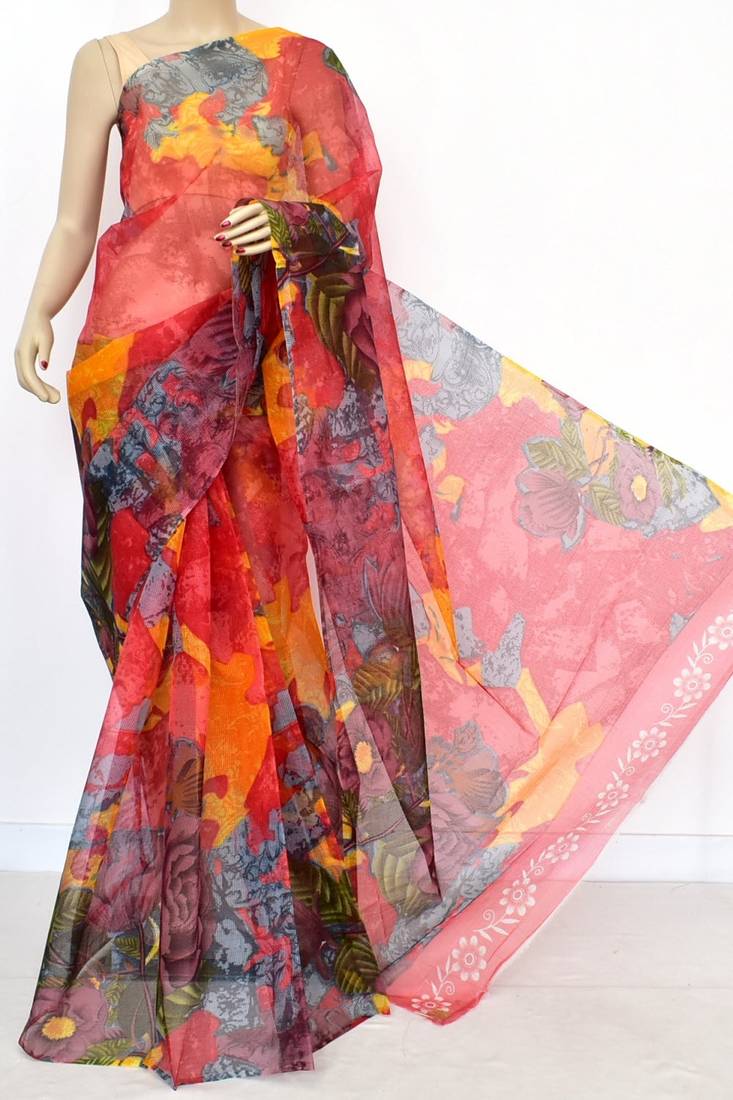 Red Pure Cotton JP Munga Kota Digital Printed Handwoven Saree Without Blouse by AMG Square