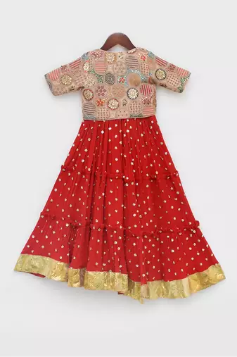 Red crinkle anarkali with jacket