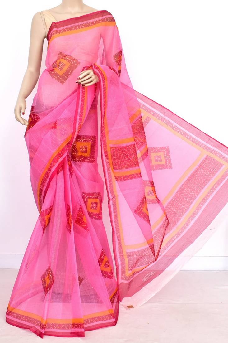 Pink Pure Cotton JP Munga Kota Chunri Printed Handwoven Saree Without Blouse by AMG Square