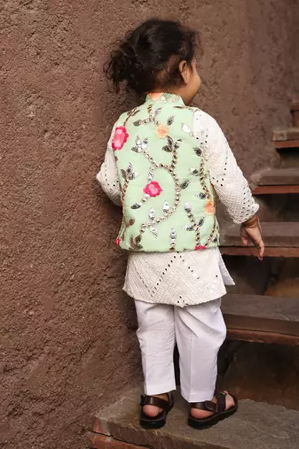 Pista green gotta embroidery jacket and white mirror kurta pant