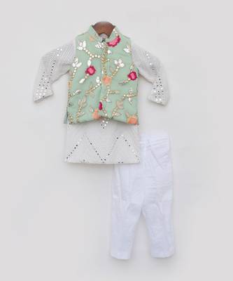 Pista green gotta embroidery jacket and white mirror kurta pant 3