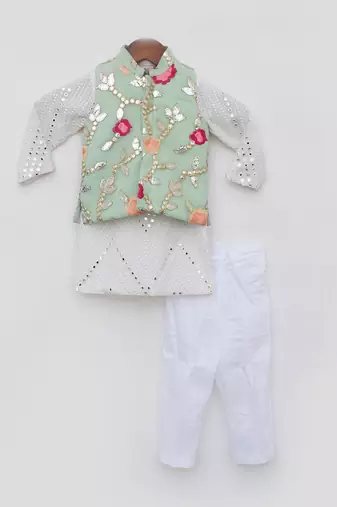 Pista green gotta embroidery jacket and white mirror kurta pant