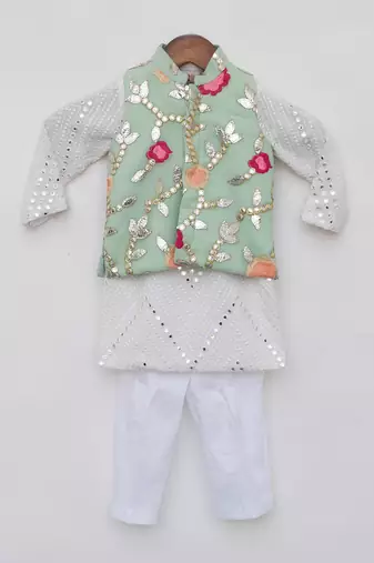 Pista green gotta embroidery jacket and white mirror kurta pant