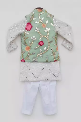 Pista green gotta embroidery jacket and white mirror kurta pant