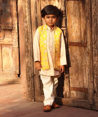 Yellow parsi work kurta jacket set 1