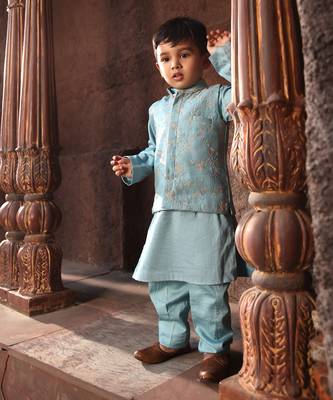 Blue embroidered nehru jacket set 1