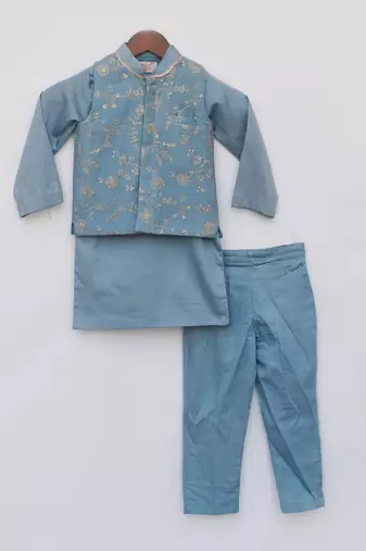 Blue embroidered nehru jacket set