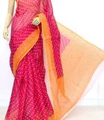 Pink Pure Cotton Kota Doria Chunri Print Handwoven Saree Without Blouse by AMG Square