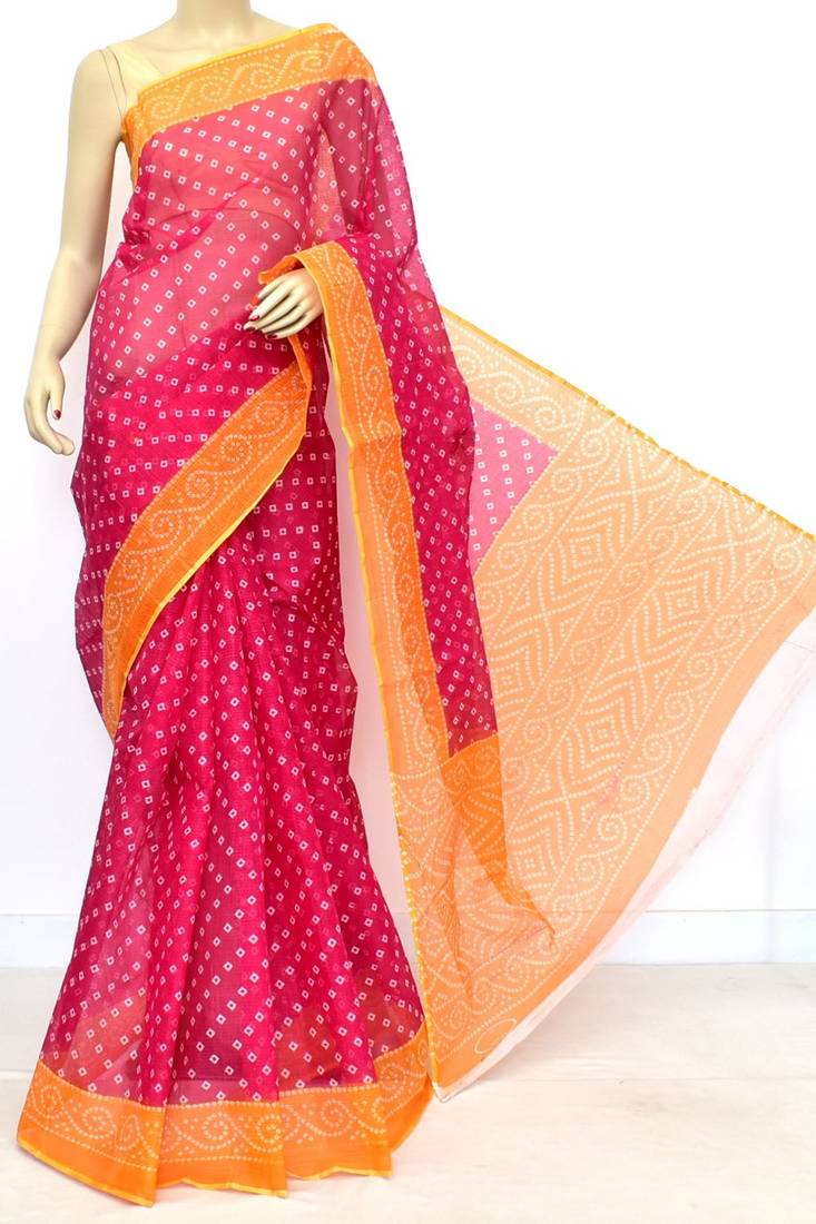 Pink Pure Cotton Kota Doria Chunri Print Handwoven Saree Without Blouse by AMG Square