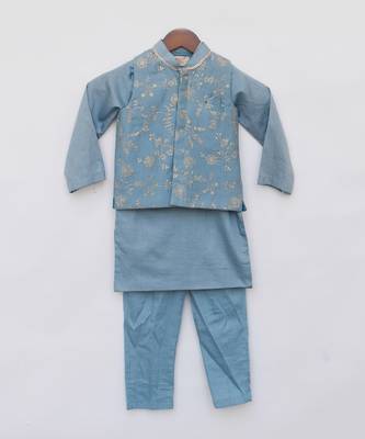 Blue embroidered nehru jacket set 4