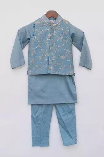 Blue embroidered nehru jacket set
