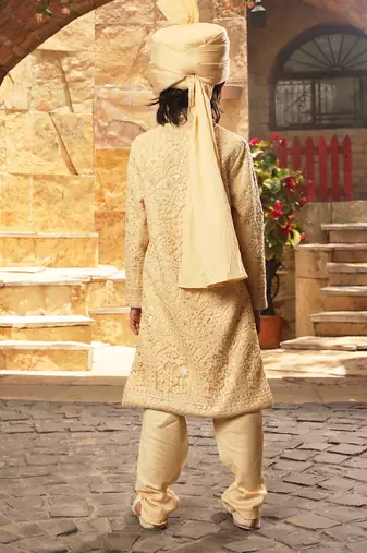 Beige Embroidered Silk Sherwani
