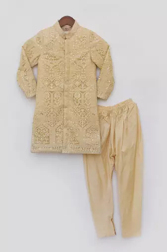 Beige Embroidered Silk Sherwani