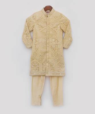 Beige Embroidered Silk Sherwani 4