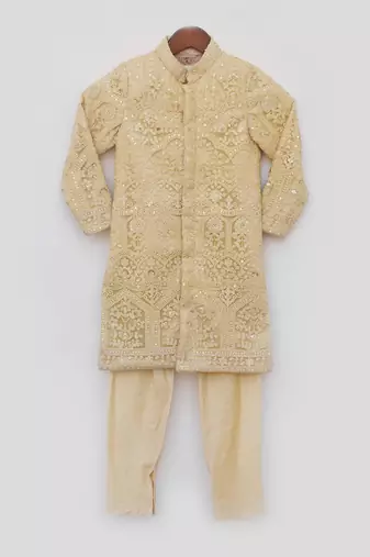 Beige Embroidered Silk Sherwani