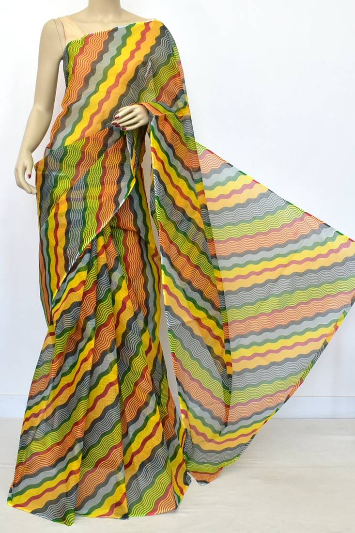 Multi-Color Pure Cotton Kota Doria Lahariya Print Handwoven Saree Without Blouse by AMG Square