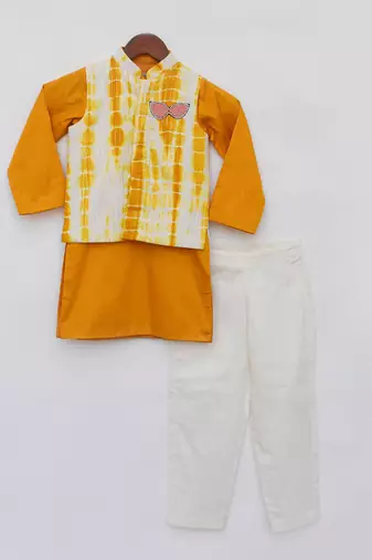 Yellow tie and die nehru jacket set