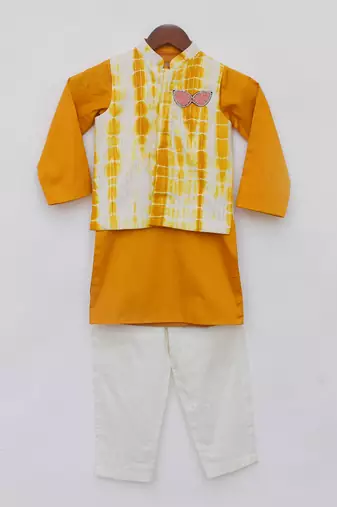 Yellow tie and die nehru jacket set