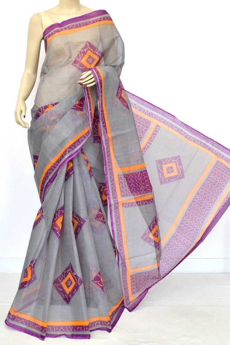 Grey Pure Cotton Kota Doria Chunri Print Handwoven Saree Without Blouse by AMG Square
