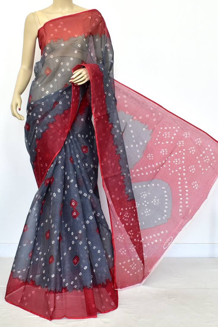 Grey Pure Cotton Kota Doria Chunri Print Handwoven Saree Without Blouse by AMG Square