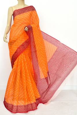 Orange Pure Cotton Kota Doria Lahariya Print Handwoven Saree Without Blouse by AMG Square 1