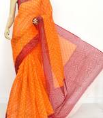 Orange Pure Cotton Kota Doria Lahariya Print Handwoven Saree Without Blouse by AMG Square