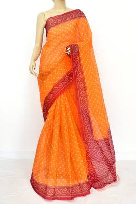 Orange Pure Cotton Kota Doria Lahariya Print Handwoven Saree Without Blouse by AMG Square 2