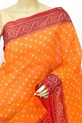 Orange Pure Cotton Kota Doria Lahariya Print Handwoven Saree Without Blouse by AMG Square 3