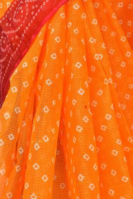 Orange Pure Cotton Kota Doria Lahariya Print Handwoven Saree Without Blouse by AMG Square 4