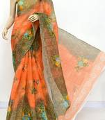 Orange Pure Cotton Kota Doria Floral Printed Handwoven Saree Without Blouse by AMG Square