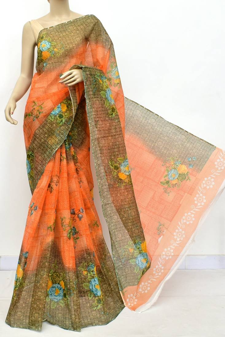 Orange Pure Cotton Kota Doria Floral Printed Handwoven Saree Without Blouse by AMG Square