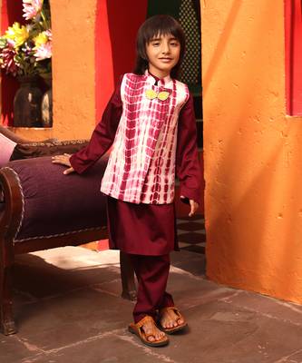 Maroon tie and dye nehru jacket set 1