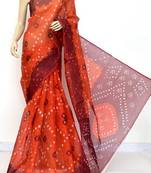 Rust Pure Cotton Kota Doria Chunri Print Handwoven Saree Without Blouse by AMG Square