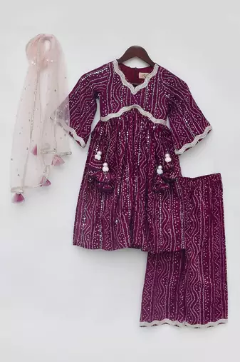 Purple bandhaj kurti set