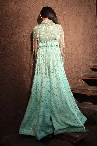 Aqua embroidered cape set