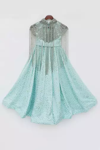 Aqua embroidered cape set