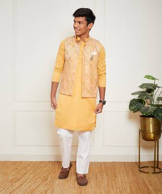 Mustard yellow embroidered nehru jacket set 1