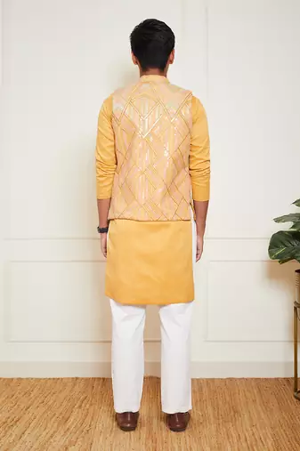 Mustard yellow embroidered nehru jacket set
