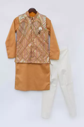 Mustard yellow embroidered nehru jacket set