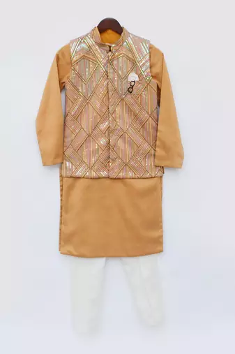 Mustard yellow embroidered nehru jacket set
