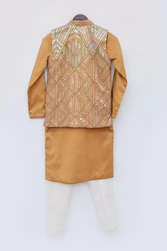 Mustard yellow embroidered nehru jacket set