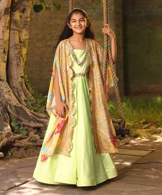 Green anarkali with printed cape 1