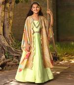 Green anarkali with printed cape